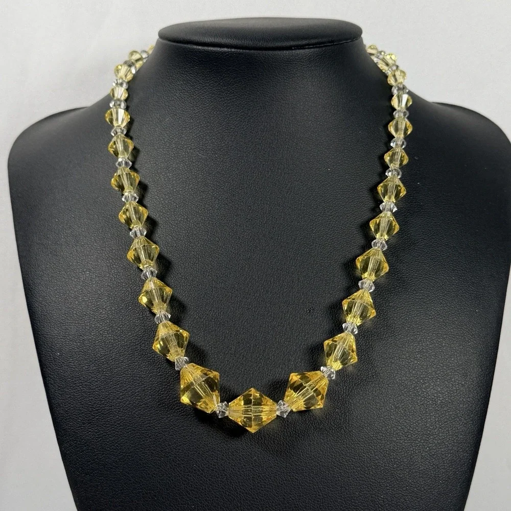 Vintage Faceted Glass Necklace Yellow Bicone Beads Clear Crystal Spacers 16